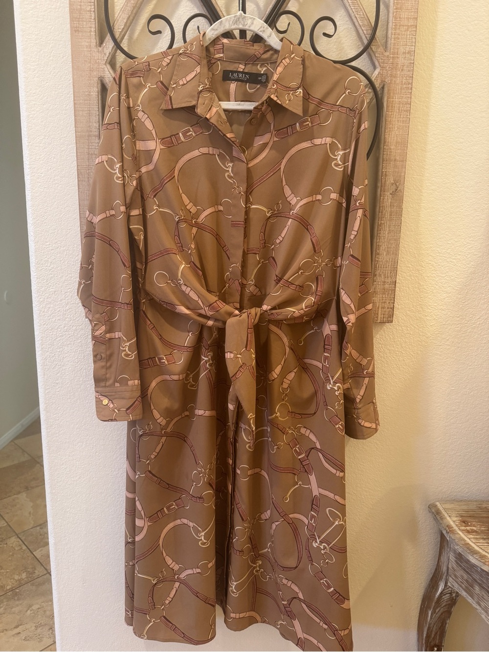 Ralph Lauren Brown & Pink Equestrian-Print Tie-Front Midi Dress